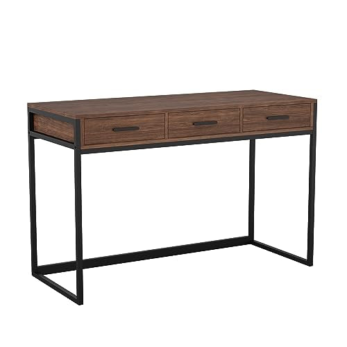 Martha Stewart Ollie Home Office Desk with 3 Drawers in Walnut Wood Grain with Oil Rubbed Bronze Hardware - color: Walnut Top/Oil Rubbed Bronze Frame