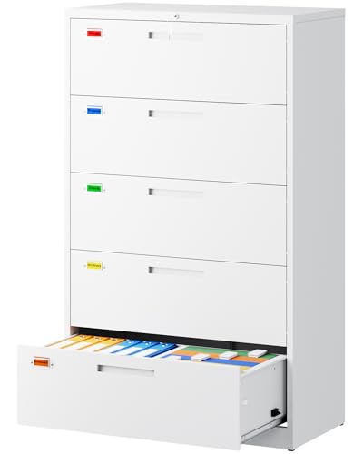 PEUKC 5 Drawer File Cabinet, Lateral Filing Cabinets for Home Office, Office Storage Drawers with Lock, Hanging Files Legal/Letter A4 Size (Assemble Required,White) - color: White, size: 64"H