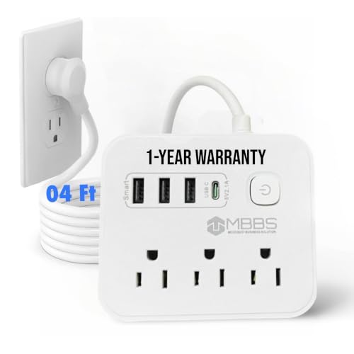 4 ft Surge Protector Power Strip with USB C, 1200J Protection, Heavy Duty Extension Cord – (7-in-1) 3 AC Outlets, 4 USB Ports, LED On/Off Switch – Compact & Travel Friendly – Home, Office (White) - color: White, size: 4 ft