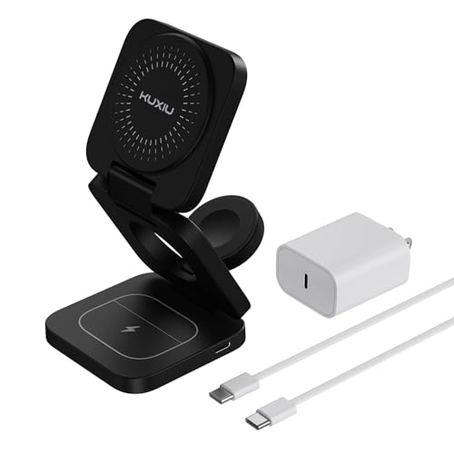 KU XIU X55 Turbo Qi 2.2 25W 3-in-1 Charging Station for Apple Device, Foldable Magnetic Charger for iPhone 17/16, 5W for Apple Watch & AirPods, Fast Travel Wireless Charging Stand with 45W Adapter - color: Black-B