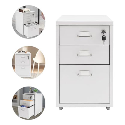 CNCEST 2-Drawer Vertical File Cabinet Metal Mobile Filing Cabinet with Lock Rolling File Drawer Cabinet Under Desk Sturdy Steel Storage Unit with Glide Drawers Lockable Wheels for Home Office (White) - color: White