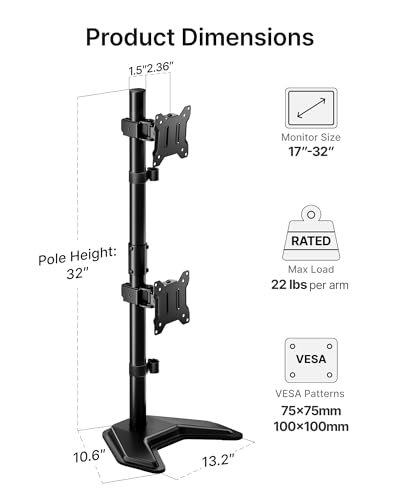 monTEK Freestanding Stacked Dual Monitor Stand for 17-32", 22 lbs Each | Solid V-shaped base, vertical dual-screen full-motion arms, height adjustment, tilt, swivel, rotation and VESA 75/100 - size: Dual Monitor