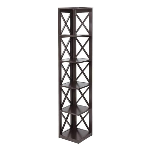 Convenience Concepts Oxford Corner Bookcase 12" - 5-Tier Slim Farmhouse Bookcase for Modern Living & Family Room, Media Storage Organizer for Home Office Library, Tall Shelving Unit, Espresso - color: Espresso