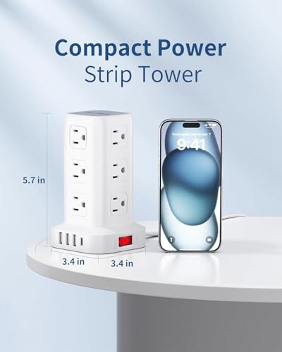 Extension Cord with Multiple Outlets, SMALLRT Flat Plug Power Strip Tower, Power Bars with USB 12 AC Outlets, 16.5FT Ultra Thin Extension Cord for Home Office, Overload Protection - color: White, size: 16.5 Ft without wireless charging