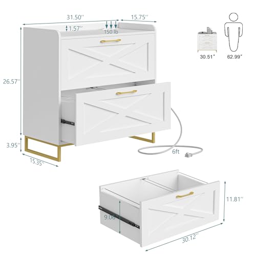 Vabches 2 Drawer Lateral File Cabinet with Charging Station, White and Gold - color: White
