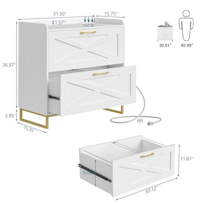 Vabches 2 Drawer Lateral File Cabinet with Charging Station, White and Gold - color: White