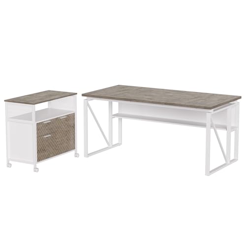 LITTLE TREE 63-Inch Office Desk with 31.5-Inch Lateral File Cabinet, Study Writing Desk Computer Desk for Home Office - color: Grey + White