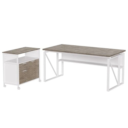 LITTLE TREE 63-Inch Office Desk with 31.5-Inch Lateral File Cabinet, Study Writing Desk Computer Desk for Home Office - color: Grey + White