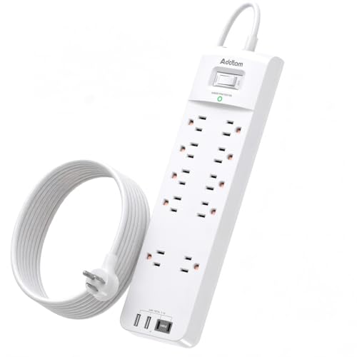Addtam Power Strips with Surge Protection, 12FT Long Extension Cord with Multiple Outlets, Surge Protector Power Strip with 10 Outlets and 4 USB Ports(2 USB C), Flat Plug, 2700J, White - color: White, size: 12 Ft