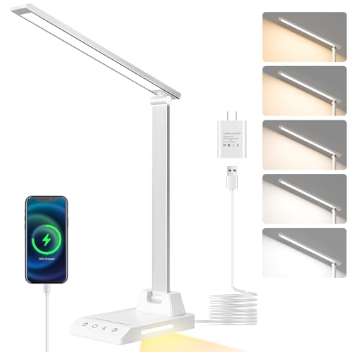 ShineTech LED Desk Lamp for Home Office,Foldable Reading Lamp with Adapter | 25 Lighting Modes and Dimmable, Touch Control, Eye-Caring LED Light for Bedroom Nighstand with Small Night Light, White - color: White
