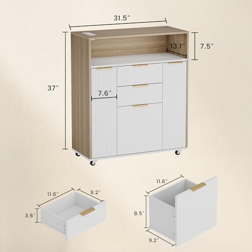 ModernMate Fluted Mobile File Cabinet with Charging Station | 37" Rolling Storage Cabinet with 3 Drawers, Printer Stand with Wheels for Home Office, Light Walnut - color: Light Walnut