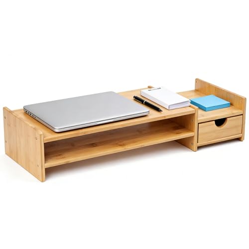 Bamboo 2-Tier Monitor Stand Riser with Drawers, Desktop Organizer for Laptop, Computer, Printer, Cellphone - Reduce Neck & Eye Strain, Office & Home Use