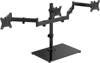 HUANUO Free Standing Triple Monitor Mount for 13-27 Inch Screens | Larger Tempered-Glass Base, Heavy Duty Thicker Steel, Tilt, Swivel, Rotation, Holds up to 22 lbs, VESA 75x75/ 100x100mm