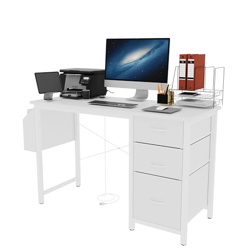 Computer Desk Workstation Tabletop Charging Station 2 Outlets USB Type-C,Reversible Drawer Cabinet Organizer,Foldable Fabric Bins,Side Pocket Holder,Metal X-Frame Stability,Adjustable Feet (White)
