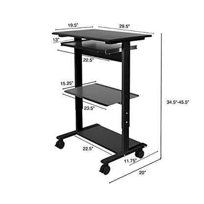 Stand Up Desk Store Mobile Rolling Adjustable Height Standing Workstation with Printer Shelf and Slideout Keyboard Tray (Black Frame/Black Top, 30" Wide) - color: Black/Black