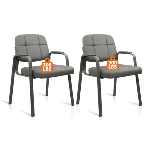 CLATINA Waiting Room Chairs No Wheels Set of 2, Stationary Leather Office Reception Guest Chair with Padded Arms for Elderly Desk Conference Room Lobby Table Side Salon, Grey - color: Grey, size: 2 Pack