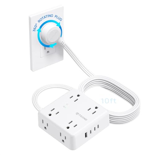 TROND 360° Rotating Flat Plug Power Strip 10ft, 8 AC & 4 USB (3C1U), White - color: White, size: 10FT, style: Rotating Plug-3C1U