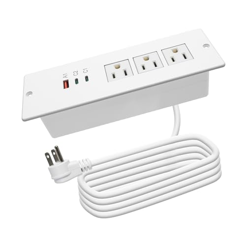 Recessed Power Strip USB C 65W,Flush Mount Desk Power Outlet 3 Outlets 3 USB (PD 65W& QC60W,) 6.56ft Heavy Duty Power Cord with Flat Plug Fast Charge Built in Desktop Power Station for Furniture - color: White, size: 65W