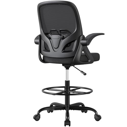 ORRSAKER Drafting Chair, Tall Office Chair with Flip-up Arms, Mesh Ergonomic Computer Standing Desk Chair with Adjustable Height Foot Ring and Lumbar Support, 300 LBS Capacity, Black - color: Black