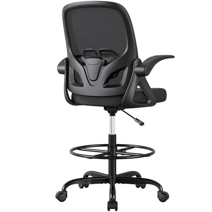 ORRSAKER Drafting Chair, Tall Office Chair with Flip-up Arms, Mesh Ergonomic Computer Standing Desk Chair with Adjustable Height Foot Ring and Lumbar Support, 300 LBS Capacity, Black - color: Black
