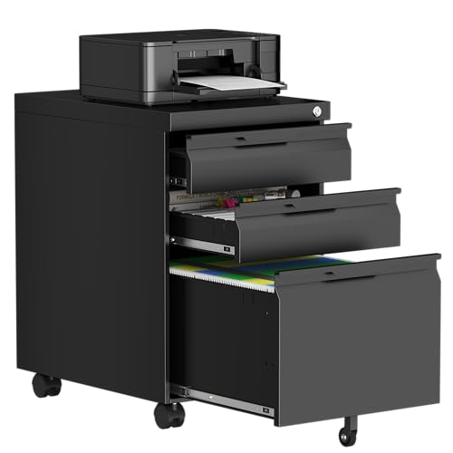 3 Drawer Mobile File Cabinet with Lock, Metal Small Filing Cabinets for Home Office Organizer,Rolling Filing Cabinets Under Desk Storage for Letter/Legal/A4,Assembly Required,Black - color: Black, size: 17.3"D x 14.6"W x 25"H（3 Drawers-Mobile）