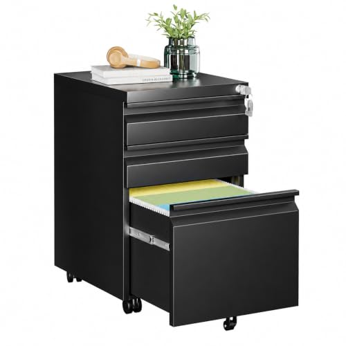 3 Drawer Mobile File Cabinet with Lock, Fully Assembled - color: Black