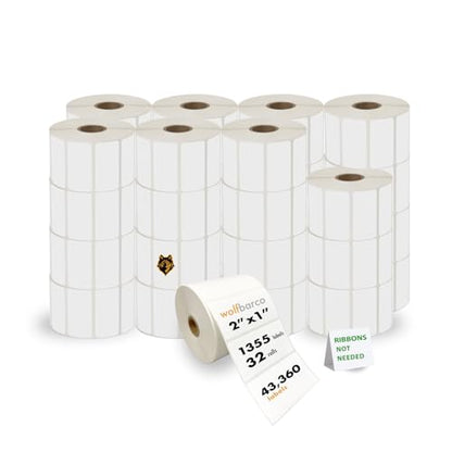 (27,100 labels/20 Rolls) 2“ x 1" Direct Thermal Paper Label White, with perf, 1" core, 4" OD, 1355 Labels per roll - size: 2" x 1", style: 20 Rolls