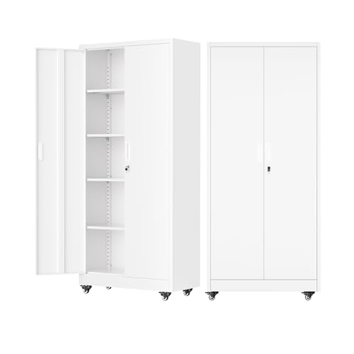Bonusall 72" Metal Garage Storage Cabinet with Wheels, 2-Door Steel Locking Cabinet with 4 Adjustable Shelves, Heavy Duty Rolling Utility Cabinets for Warehouse, School - White - color: White, size: RMC-73-D16