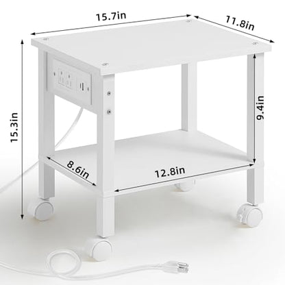 YUFAM 2 Tier Under Desk Printer Stand with Charging Station, White - color: White, size: 11.8"D×15.7"W×15.3"H(With USB)