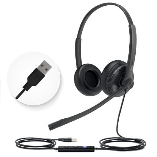 Yealink UH34 Wired Headset,USB-A,Noise Canceling Mic,in-Line Control,On-Ear - color: Dual-Ear (Leather Earpads), size: USB-A (1 Pack)