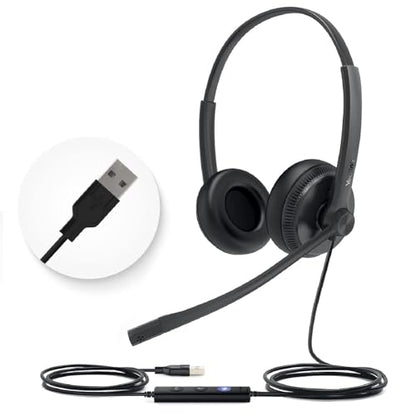 Yealink UH34 Wired Headset,USB-A,Noise Canceling Mic,in-Line Control,On-Ear - color: Dual-Ear (Leather Earpads), size: USB-A (1 Pack)