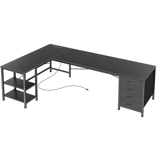 Huuger 63 Inch L Shaped Desk with Fabric Drawers, Reversible Computer Gaming Desk with Power Outlets and USB-C Port, Adjustable Side Storage Shelves, for Work Study Corner Home Office, Black - color: Black, size: 63 inch