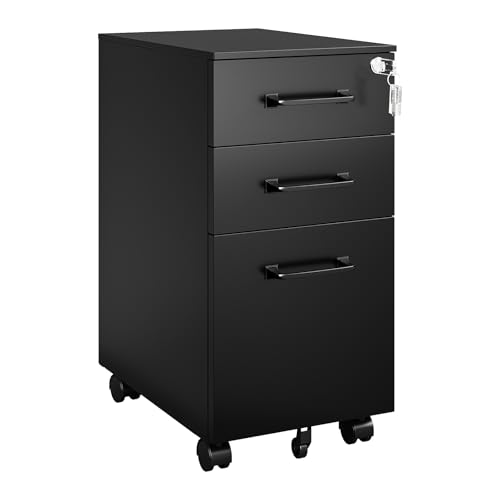 MIIIKO File Cabinet 3 Drawers on Wheels Under Desk, Black Metal File Cabinets with Lock for Home Office, Filing Cabinet with Lock(Un-Assembled) - color: Black, size: 3 Drawer-11.8"W -Mobile