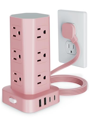 Power Strip Tower Surge Protector, 6FT Flat Plug Extension Cord with Multiple Outlets, 12 AC Outlets 4 USB (2 USB C), Desktop Charging Station with Surge Protection for Home Office Dorm Room, Pink - color: Pink, size: 6 Ft