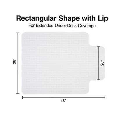 Staples Office Chair Mat, Clear, 48x36 Inch, Low-Pile Carpet, with Lip | Extended under-desk coverage and smooth glide for carpeted office floors. - size: 36" x 48", style: Low-Pile