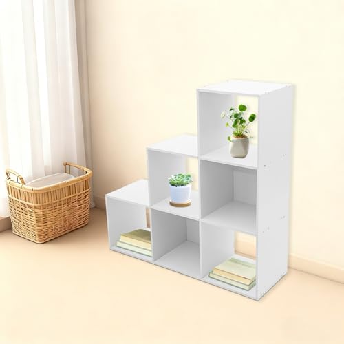 3-Tier Stepped Bookshelf, 6 Cube Storage Organizer, Freestanding Ladder Bookcase, L-Shaped Corner Shelf, Room Divider Shelf, 35.4" Tall Modern Display Shelf for Home Office Living Room - size: 6 Cubes/L-Shaped
