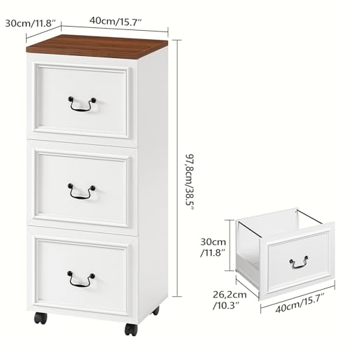 MAHANCRIS 3 Drawer File Cabinet, Rolling File Cabinet for Home Office, Wooden Under Desk Storage, Printer Stand with Drawers, for A4/Letter-Size Files, White and Walnut FCBA3901 - size: 3 Drawer