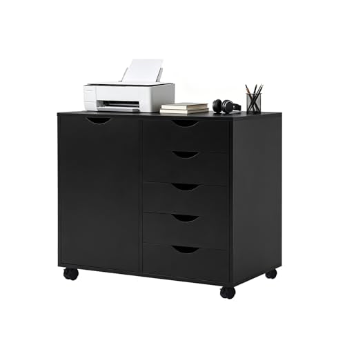 SweetGO 5 Drawer Wood File Cabinet with Wheels, Large Storage Printer Stand for Home Office, Rolling Cabinet Organizer with Reinforced Structure (Black) - color: Black