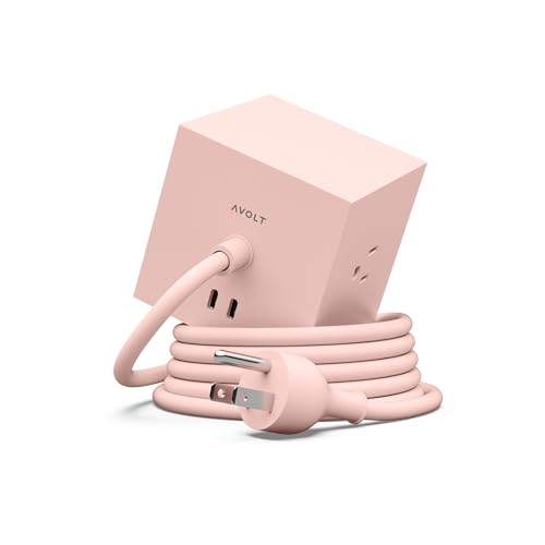 Avolt Square 1 Modern Power Strip Cube, 3 AC Outlets, Magnetic Desk Outlet | Modern desk accessory power cube with magnetic mount. USB-C charging extension cord for home office, dorm and bedside - color: New Pink, size: USB C - 5.9ft