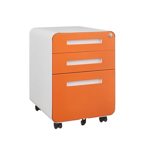 GarveeHome 3 Drawer Mobile File Cabinet with Lock, Under Desk Metal Filing Cabinet for Home Office, Under Desk Storage with 5 Wheels for A4/Letter/Legal Size, Fully Assembled - color: Orange Color