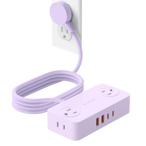ORICO Power Strip with USB Ports, 5Ft Flat Plug Extension Cord | 8 in 1 Multiple Outlets(AC*4, USB-C*2, USB-A*2) for Desk,Small Charging Station for Home, Office, Dorm, Room - CPR20 Purple - color: Purple