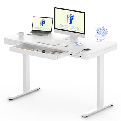 FLEXISPOT Comhar 48" Electric Standing Desk with Drawers, USB Charging Ports, Quick Assembly, Height Adjustable Sit Stand Computer Desk with Child Lock for Modern Minimalist Home Office, White - size: 48"White