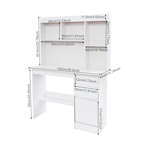 Computer Work Desk,Simple Style Writing Desk with Filing Cabinet,Study Table with Hutch,Workstation Table with Drawer Cabinet Shelf (Warm White, 39.37 * 15.74 * 55.9in)