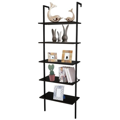 Ladder Shelf Bookshelf, 5-Tier Industrial Bookshelf with Metal Frame and Wood Board, Wall Mounted Bookcase Open Shelf Organizer for Living Room,Home Office, Bedroom,Walnut&Black - color: Walnut & Black
