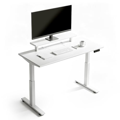 Electric Standing Desk 47.2" x 23.6", White Height Adjustable Sit Stand Desk with Ergonomic Monitor Riser, Dual Memory Presets, Cable Management Tray, Sturdy Scratch-Resistant Desktop for Home Office