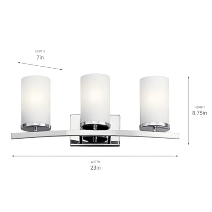 Kichler Crosby 23" Vanity Light in Chrome, 3-Light Contemporary Bathroom Light with Satin Etched Cased Opal Glass, (23" L x 8.75" H), 45497CH | Satin etched cased opal glass vanity light for bathroom mirrors (23" x 8.75" x 6"), 45497CH - color: Chrome, si