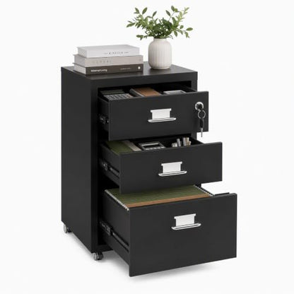 3-Drawer Metal File Cabinet, Mobile File Cabinet with Lock, Rolling Vertical Filing Drawers Under Desk for Home Office, 11 * 16 * 18.3in (Black) - color: Black