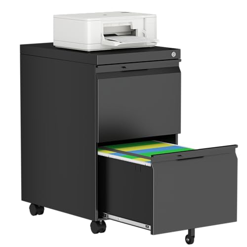 2 Drawer Mobile File Cabinet with Lock, Metal Small Filing Cabinets for Home Office Organizer,Rolling Filing Cabinets Under Desk Storage for Letter/Legal/A4,Assembly Required,Black - color: Black, size: 17.3"D x 14.6"W x 26.5"H（2 Drawers-Mobile）