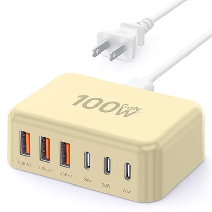 USB Fast Charger Block 50% Smaller 100W Max 6-Port GaN USB Charging Station - color: Yellow, size: 100W