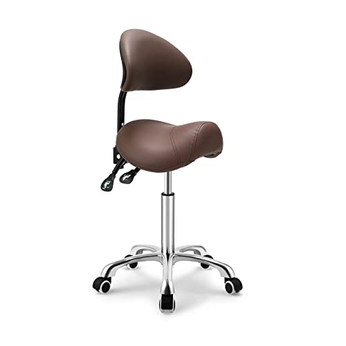 Kaleurrier Saddle Stool with Back Rest,Swivel Rolling Saddle Chair - color: Coffee, style: With Back